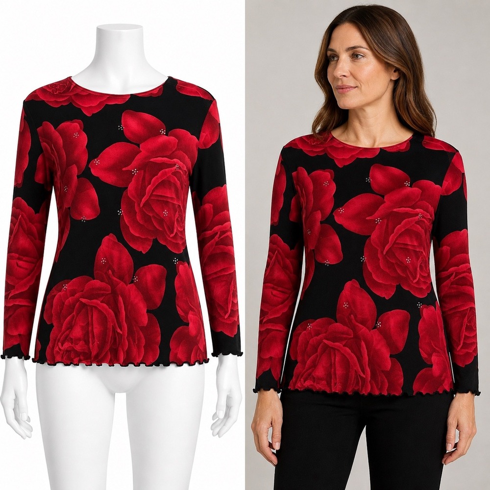 Moa Moa Mesh Top Women Large Red Black Floral Rose Lettuce Edge Rhinestone Y2K